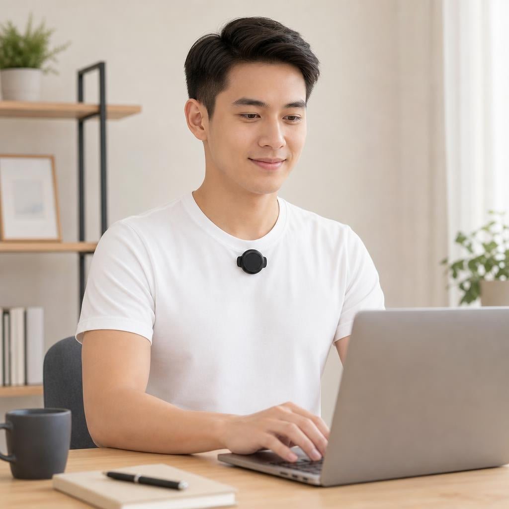 Sitting upright at desk